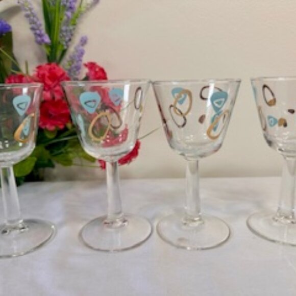 Vintage Boomerang Amoeba Glasses Turquoise Gold Retro MCM Federal Barware - Picture 3 of 6